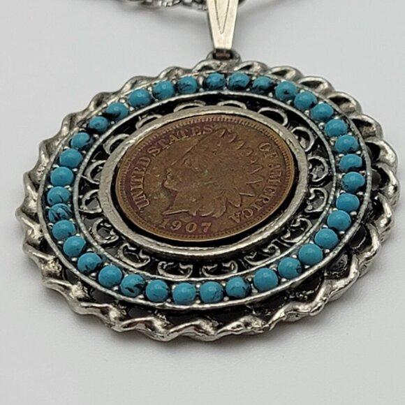 Vtg. 1907 USA Indian Head Penny And Turquoise Pendant Necklace Silver-Tone 24 In - Picture 5 of 9